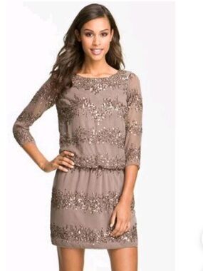 Adrianna Papell Sequin Blouson Mini Dress Taupe with 3/4 Sleeves Size 14 New